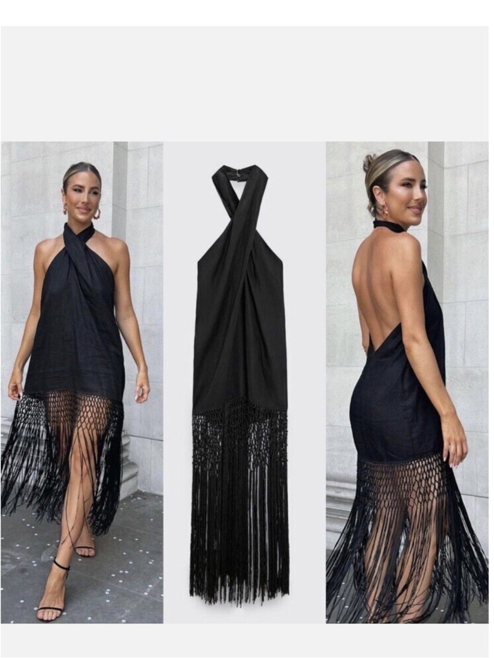 Zara Linen Halter Midi Fringe Dress Backless Black Size Xs Resortwear Boho Chic
